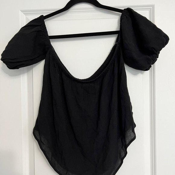 Cropped Off Shoulder Balloon Sleeve Top - Picture 1 of 4
